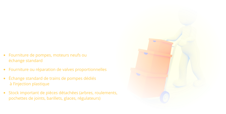 RAPIDITÉ D'EXÉCUTION GRÂCE À UN STOCK DE PIÈCES DÉTACHÉES IMPORTANT Notre stock adapté à l’hydraulique industrielle et mobile, nous permet de  vous fournir un service rapide et de qualité. Il est uniquement  composé de pièces d’origines constructeurs que nous  livrons dans toute l’Europe.  •	Fourniture de pompes, moteurs neufs ou échange standard  •	Fourniture ou réparation de valves proportionnelles  •	Échange standard de trains de pompes dédiés à l’injection plastique •	Stock important de pièces détachées (arbres, roulements, pochettes de joints, barillets, glaces, régulateurs) 